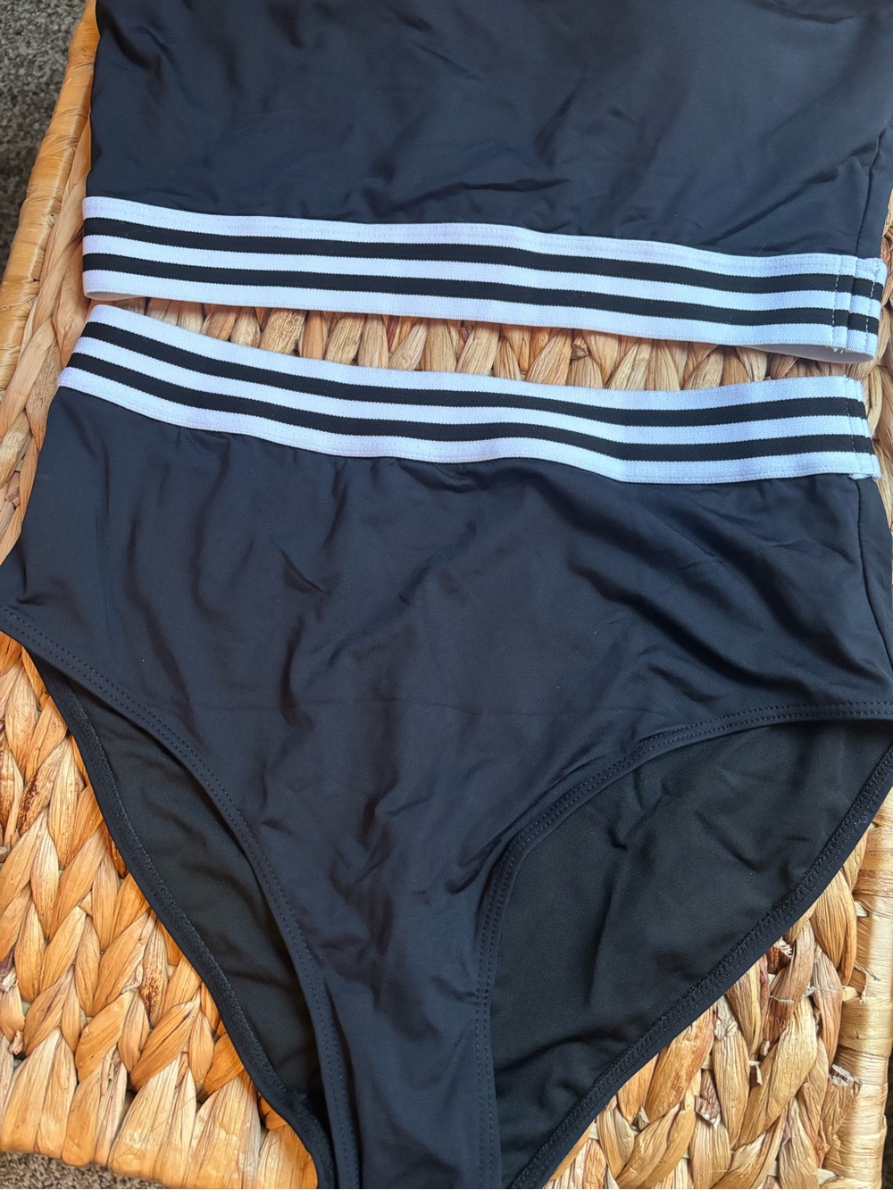 NWT One-Shoulder Black Two-Piece Swim Set High-Waisted Bottom Striped Waistband - Picture 2 of 9
